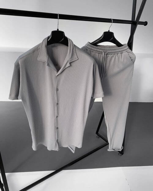 Gri Fitilli Alt-Üst Gömlek Jogger Pantolonlu Takım