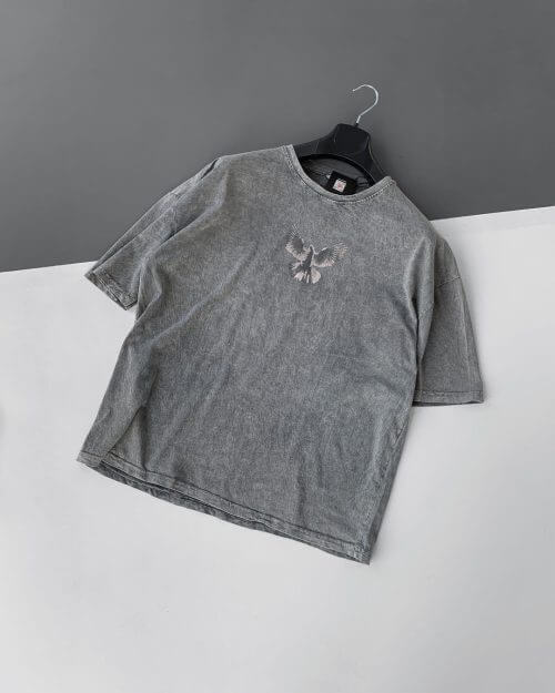 Kartal Baskılı Gri Oversize T-Shirt
