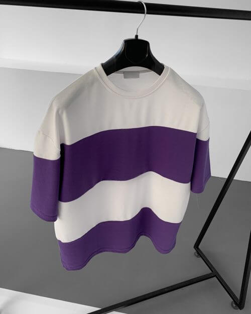 Mor Beyaz Çizgili Oversize T-Shirt