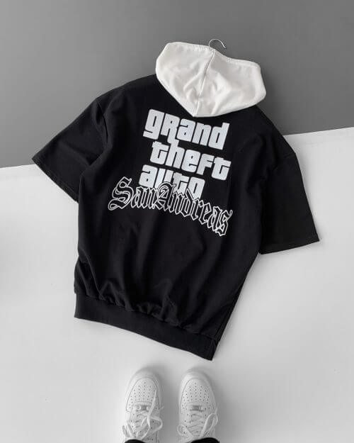 Siyah Kapüşonlu SanAndreas Oversize T-Shirt