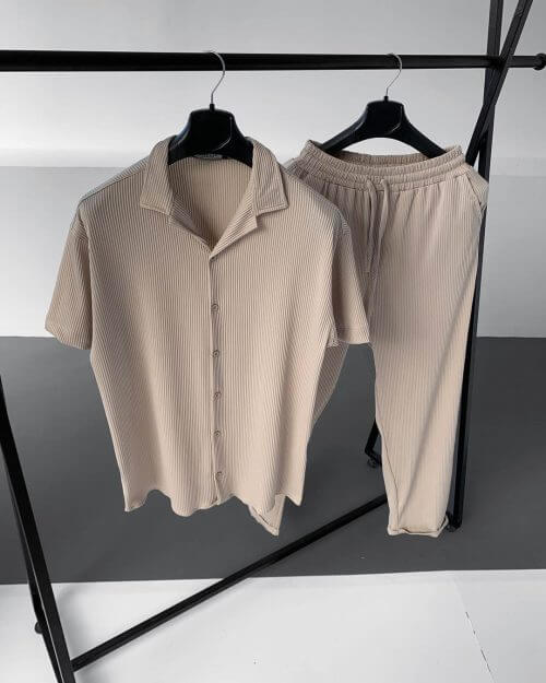 Krem Fitilli Alt-Üst Gömlek Jogger Pantolonlu Takım