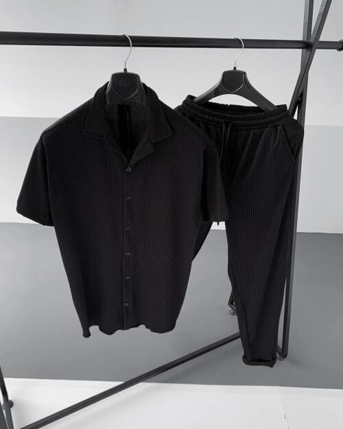 Siyah Fitilli Alt-Üst Gömlek Jogger Pantolonlu Takım