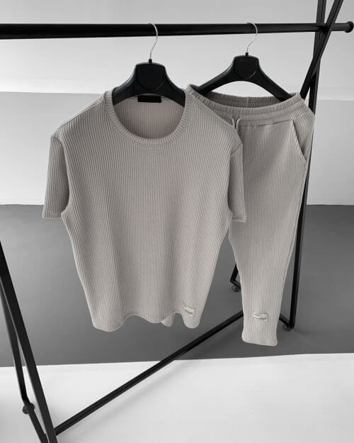 Gri Fitilli T-Shirt Pantolon Ottoman Takım