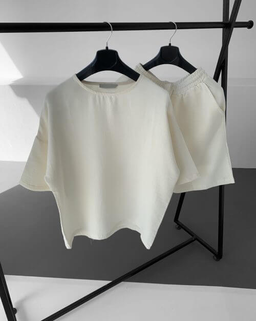 Krem Yetim Kol Oversize T-Shirt Şort Takım