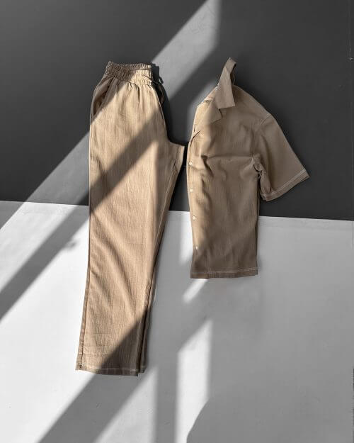 Bej Oversize Dikiş Detay Keten Takım