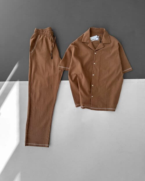 Kahve Oversize Çizgili Keten Gömlek-Pantolon Takım