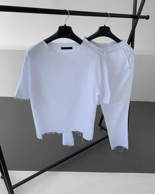 Beyaz Kesik Yaka Keten Oversize Takım