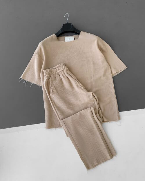 Krem Kesik Yaka Keten Oversize Takım