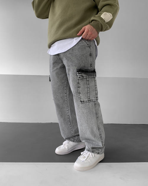 Gri Oversize Kargo Cepli Gabardin Pantolon