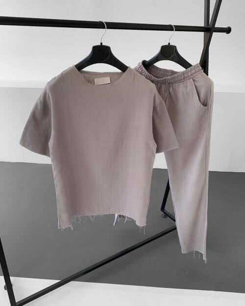 Gri Kesik Yaka Keten Oversize Takım