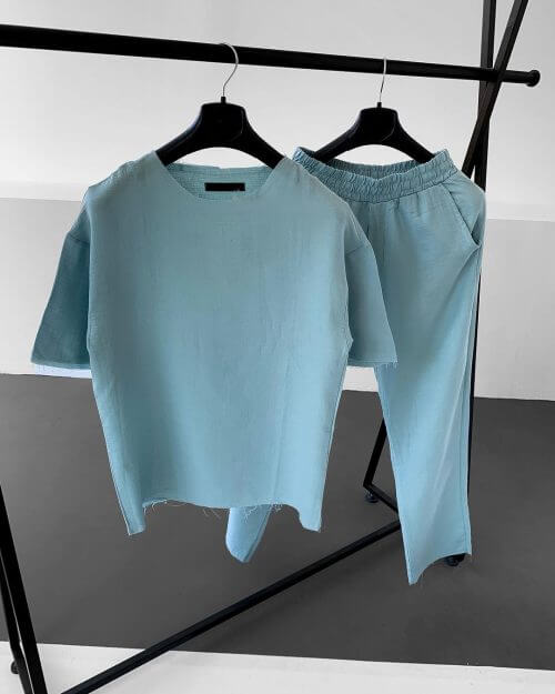 Su Yeşili Kesik Yaka Keten Oversize Takım