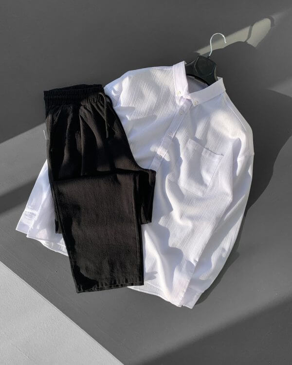 Oversize Keten Beyaz Gömlek Siyah Pantolon Takım