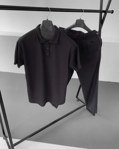 Siyah Waffle T-Shirt Pileli Keten Pantolon Takım