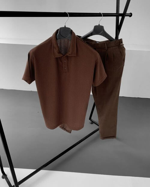 Kahverengi Waffle T-Shirt Pileli Keten Pantolon Takım
