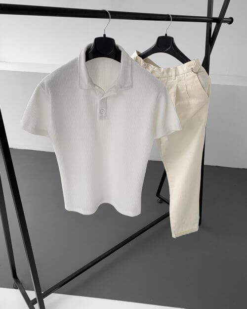 Beyaz Waffle T-Shirt Krem Pileli Keten Pantolon Takım