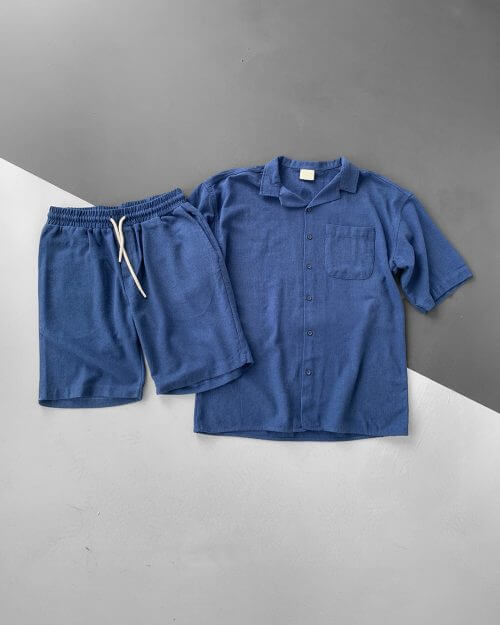 Lacivert Oversize Keten Gömlek Şort Takım