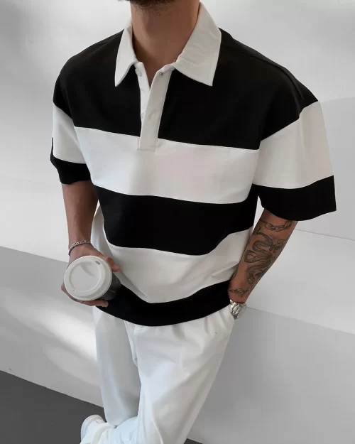 Siyah Şeritli Düğmeli Polo Yaka T-Shirt