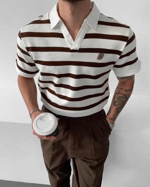 Kahverengi Polo Yaka Çizgili Triko T-Shirt