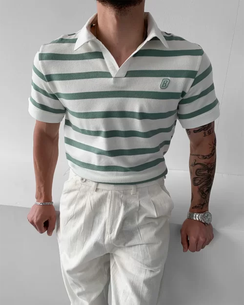 Yeşil Polo Yaka Çizgili Triko T-Shirt