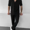 Siyah Relaxed Fit Burgulu Fitilli Takım
