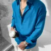Mavi Oversize Krinkıl Keten Gömlek