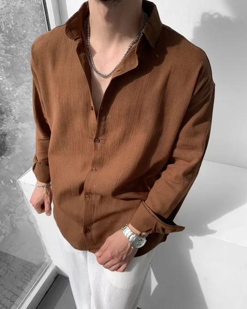 Kahverengi Oversize Krinkıl Keten Gömlek