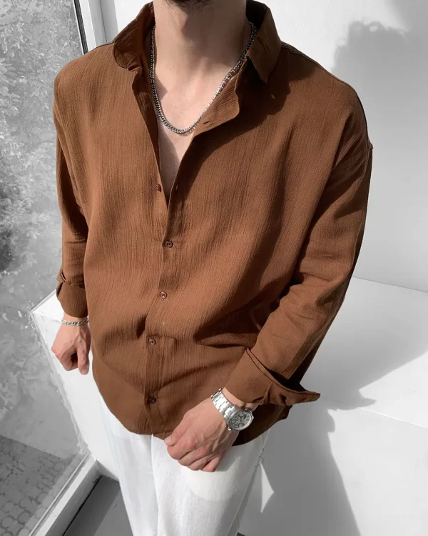 Kahverengi Oversize Krinkıl Keten Gömlek