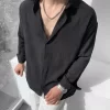 Siyah Oversize Krinkıl Keten Gömlek