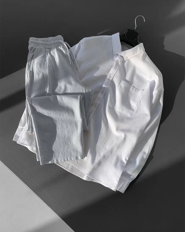 Oversize Keten Beyaz Gömlek Gri Pantolon Takım