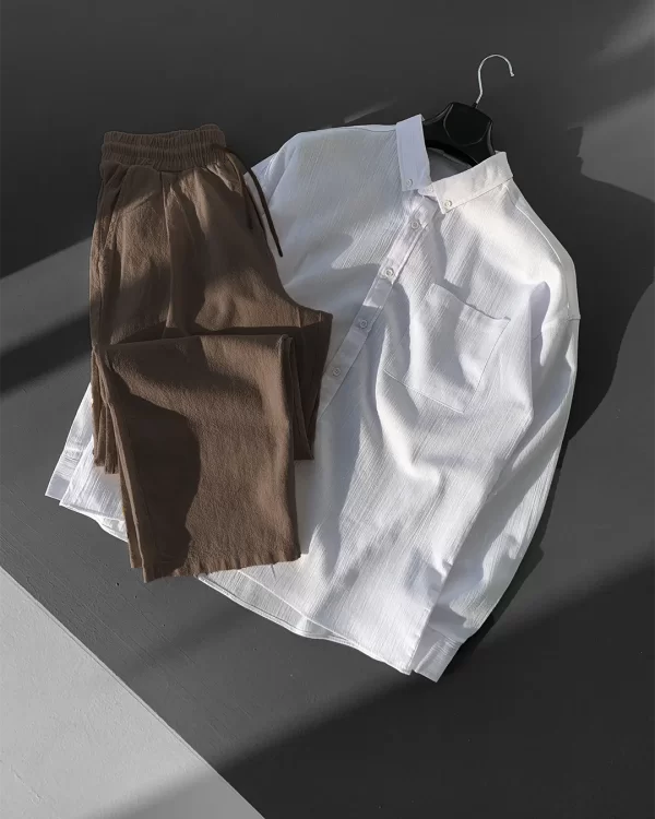 Oversize Keten Beyaz Gömlek Kahverengi Pantolon Takım