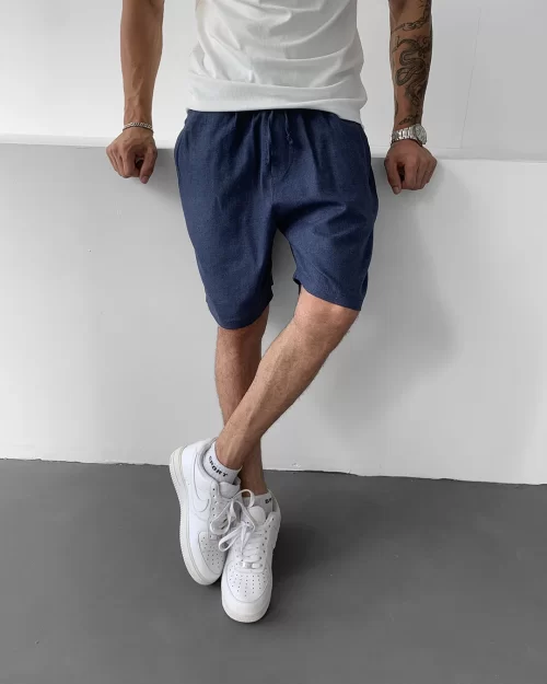 Oversize Keten Lacivert Lastik Bel Şort