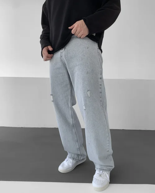 Gri Yırtıklı Skater Baggy Jean