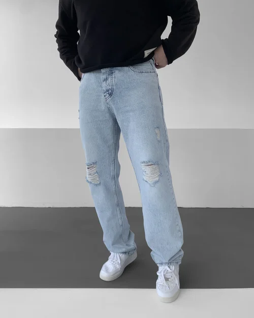 Buz Mavisi Yıkamalı Yırtık Diz Baggy Kot Pantolon
