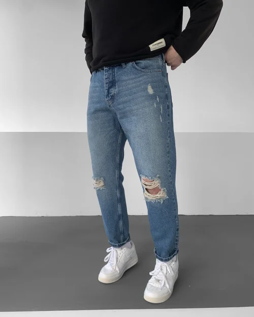 Mavi Taşlamalı Yırtık Diz Boyfriend Pantolon
