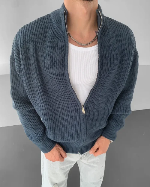 Mavi Fermuarlı Oversize Triko Hırka
