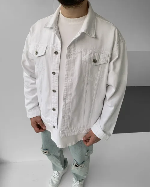 Beyaz Oversize Basic Düğmeli Kot Ceket