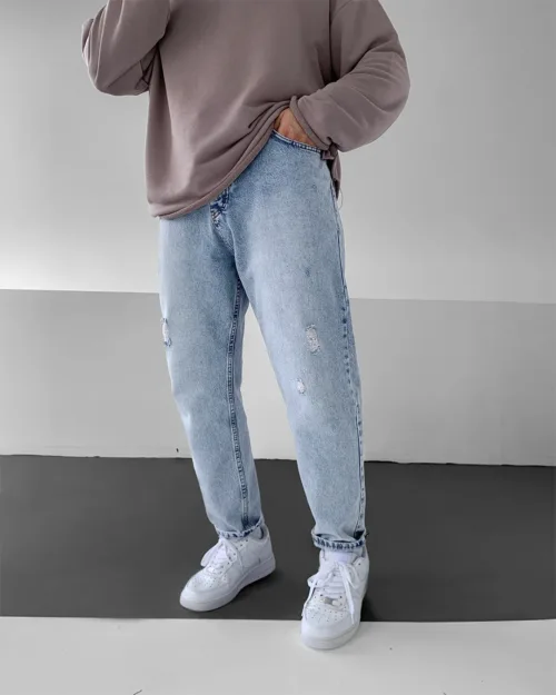 Mavi Taşlamalı Yırtıklı Boyfriend Pantolon