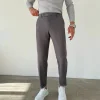 Gri Beli Lastikli Slim Fit Duble Paça Kumaş Pantolon