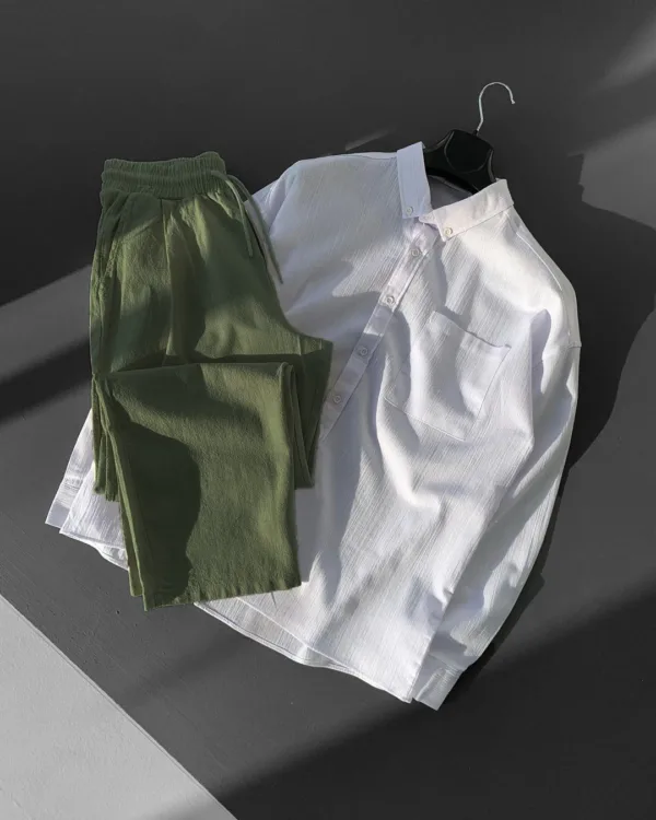 Oversize Beyaz Gömlek Haki Pantolon Keten Takım