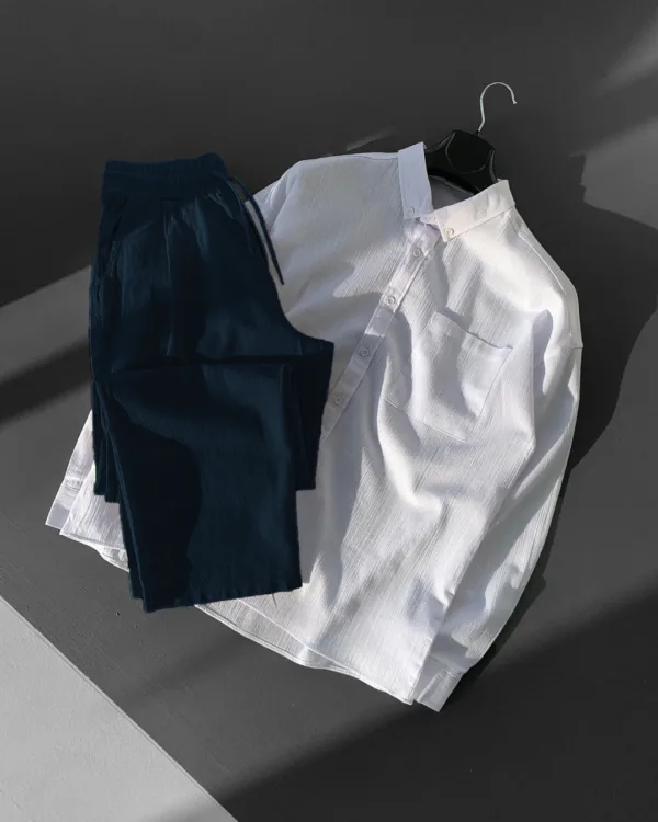 Oversize Keten Beyaz Gömlek Lacivert Pantolon Takım