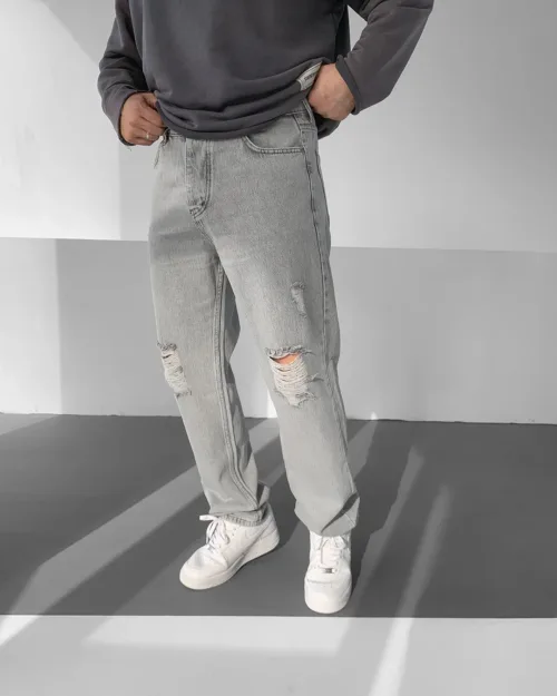 Gri Dizi Yırtıklı Baggy Kot Pantolon