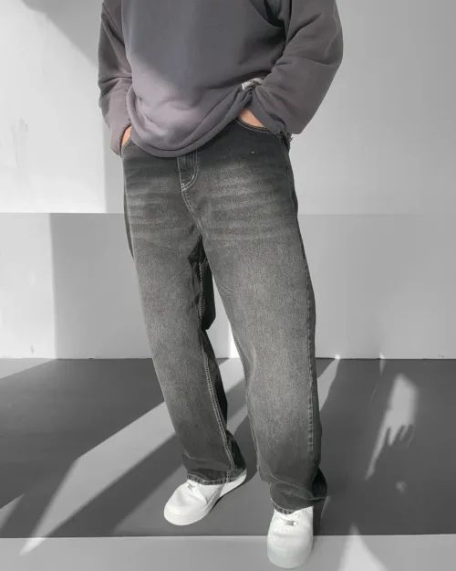 Antrasit Dikiş Detaylı Yıkamalı Baggy Jean Pantolon