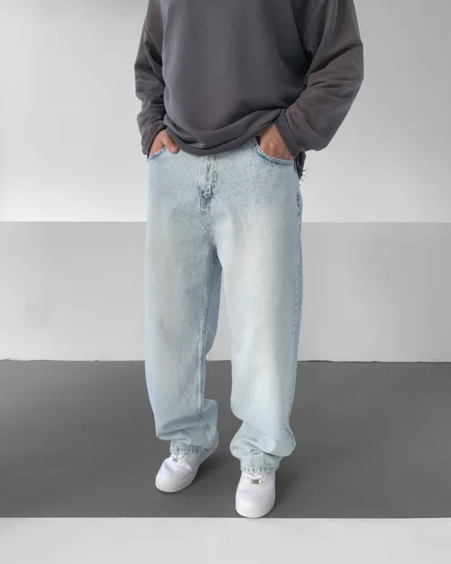 Buz Mavisi Basic Yıkamalı Baggy Jean Pantolon