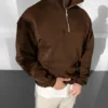 Kahverengi Yarım Fermuarlı Premium 3 İplik Şardonlu Sweatshirt