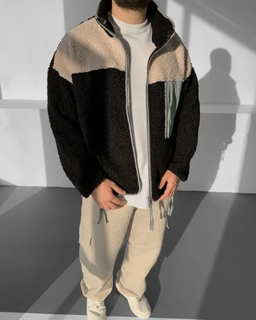 Siyah Premium Renk Bloklu Oversize Peluş Ceket