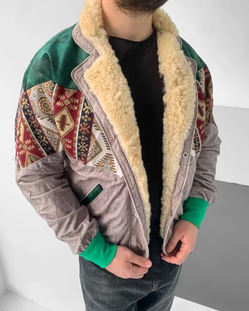 Aztek Yakası Kürklü Eskitme Retro Vintage Mont