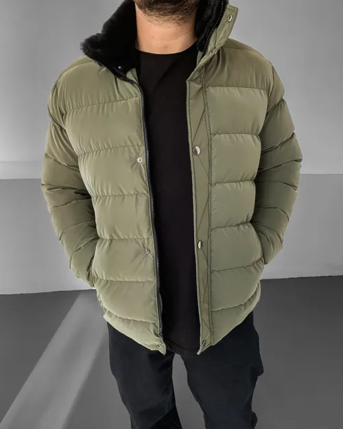 Haki Yakası Kürklü Premium Karbon Şişme Mont