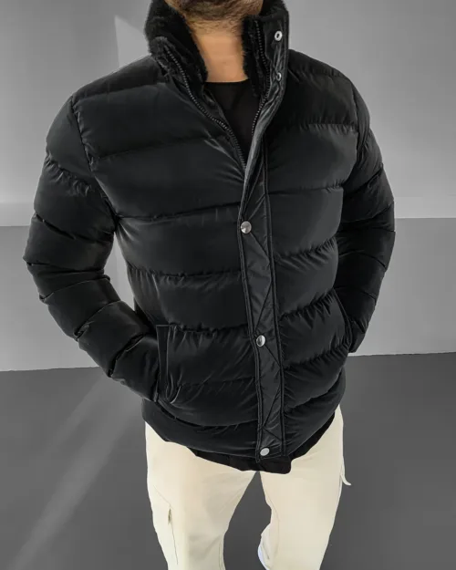 Siyah Yakası Kürklü Premium Karbon Şişme Mont