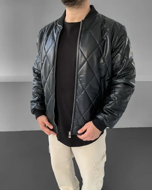 Siyah Premium Kapitone Bomber Deri Mont