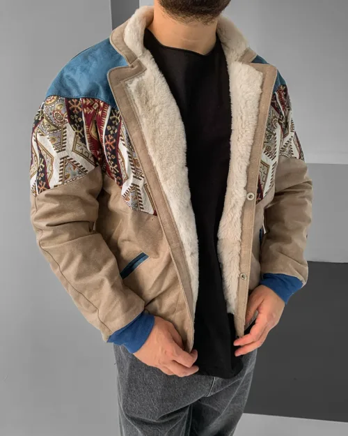 Aztek Yakası Kürklü Eskitme Retro Vintage Mont